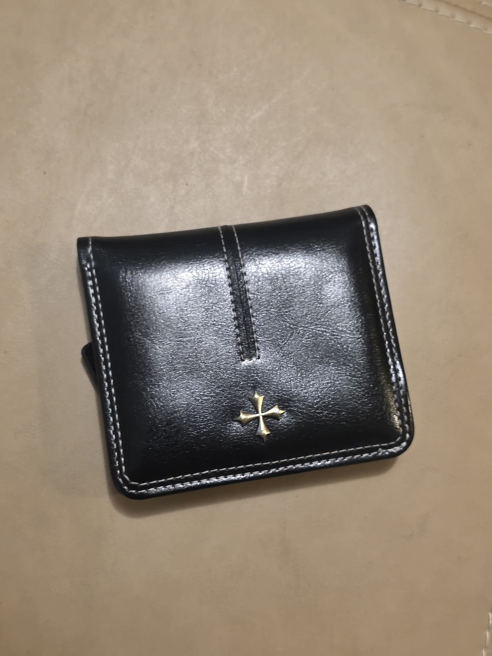 Black Leather Women's Wallet with Gold Cross Accent